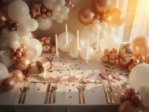 Wedding reception table with pearl-white latex balloons, foil balloon clusters, rose gold confetti, silk ribbon, and candle centerpieces in ivory, blush, and champagne gold tones.