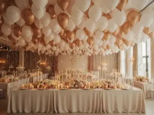 Elegant wedding reception hall with cascading white and blush balloon ceiling above ivory-draped tables glowing in warm candlelight.