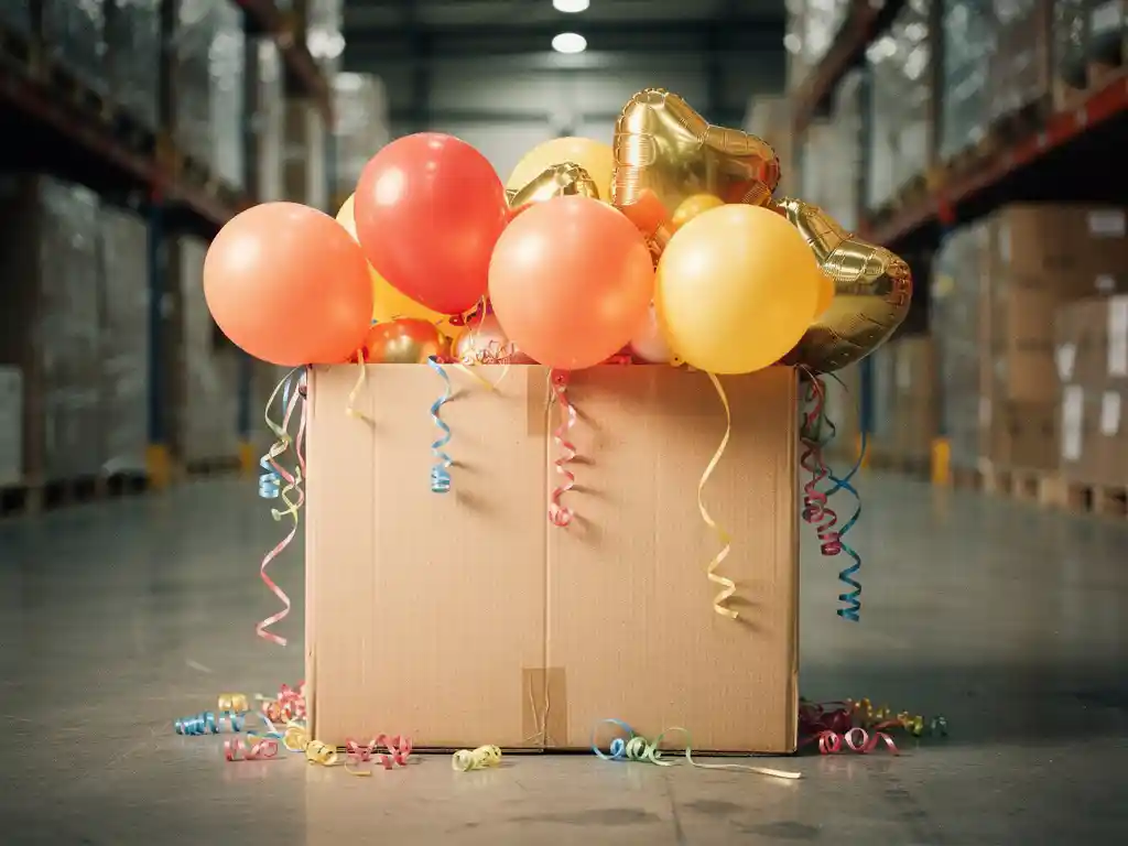 Ein Versandkarton, überfüllt mit bunten Latex- und Metallic-Folienballons mit Schleifen, auf einer Laderampe eines Lagerhauses.