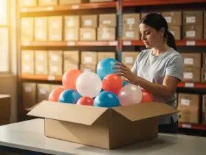 Professional buyer inspecting a curated wholesale balloon sample box filled with coral, blue, and white latex and foil balloons in a warehouse.