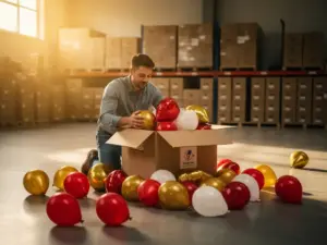 Entrepreneur unpacking a wholesale shipment of red, gold, and white latex and foil balloons in a warehouse.