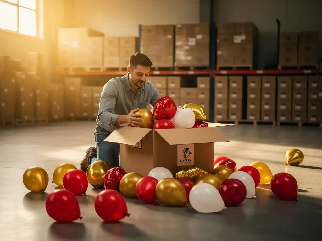 Ondernemer die een groothandelszending met rode, gouden en witte latexballonnen en Folieballonnen in een magazijn.