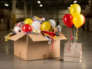 Wholesale cardboard box overflowing with bulk latex balloons and ribbon beside a neatly arranged retail gift bag on a warehouse floor.