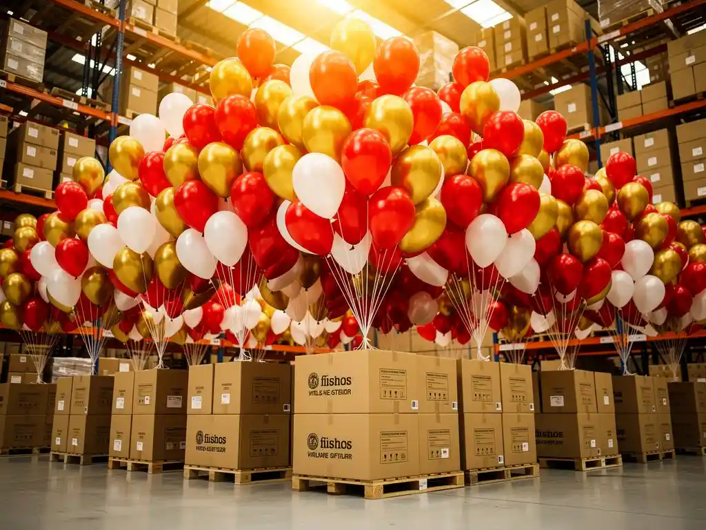 Hundreds of red, gold, and white latex balloons bursting upward from wholesale cardboard boxes on a warehouse floor, lit by warm golden light.