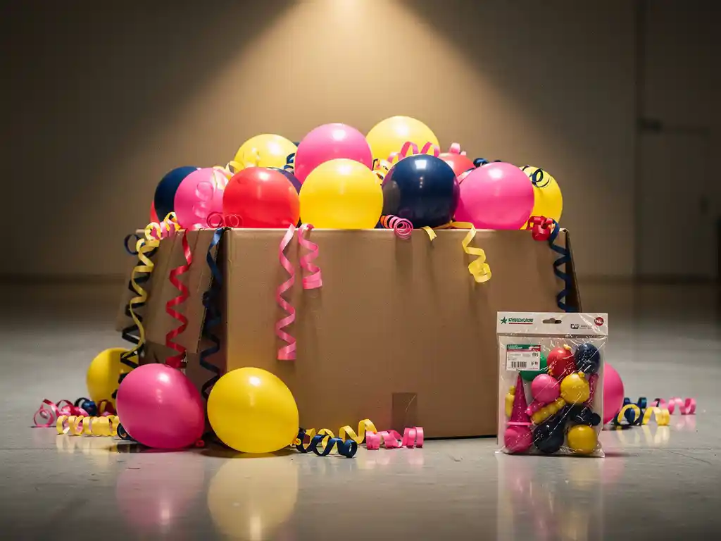 Wholesale cardboard box overflowing with colorful latex balloons and streamers beside a single small retail party supply package on a warehouse floor.
