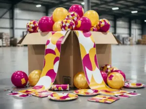 Caja de cartón al por mayor repleta de globos, pancartas y adornos de mesa personalizados en tonos magenta, dorado y blanco.