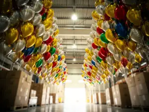 Silver, gold, and multicolor foil balloons towering in a wholesale warehouse aisle, metallic surfaces reflecting overhead light.