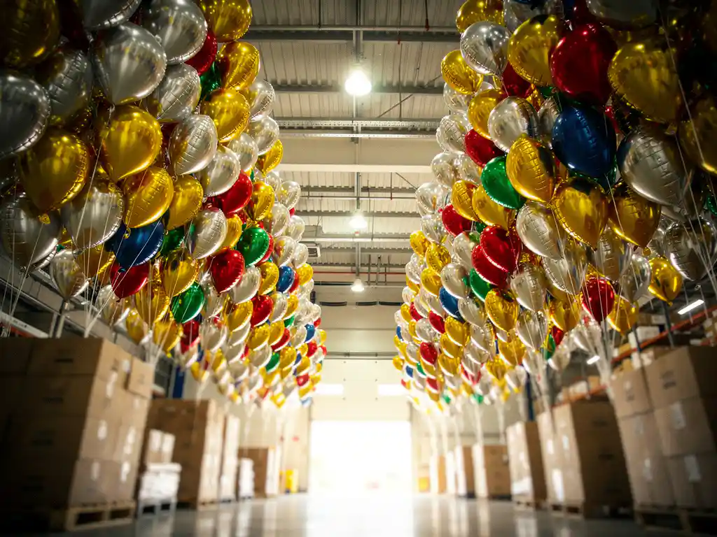 Silver, gold, and multicolor foil balloons towering in a wholesale warehouse aisle, metallic surfaces reflecting overhead light.