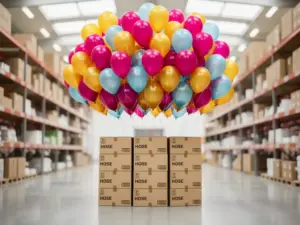 Colorful latex balloons in magenta, yellow, and blue bursting upward from wholesale cardboard boxes in a bright warehouse aisle.