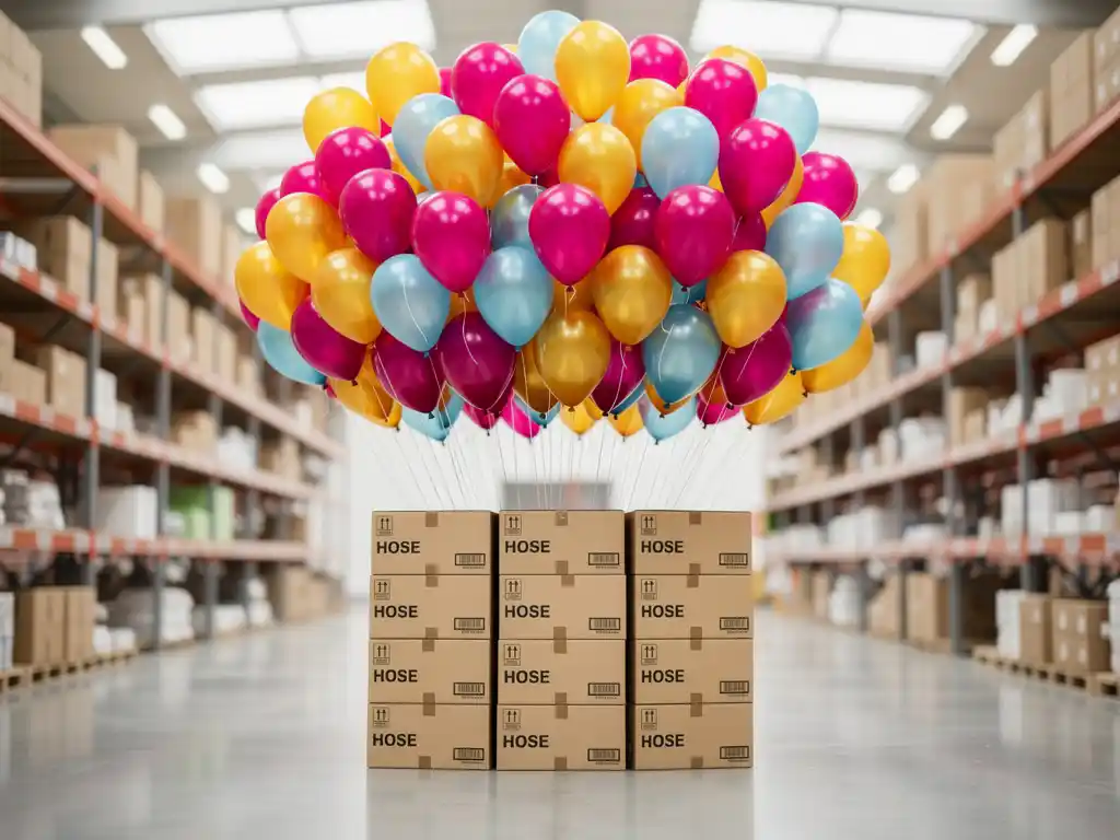 Ballons latex colorés Ballons latex magenta, jaunes et bleus, jaillissent des cartons vendus en gros dans une allée lumineuse d'un entrepôt.