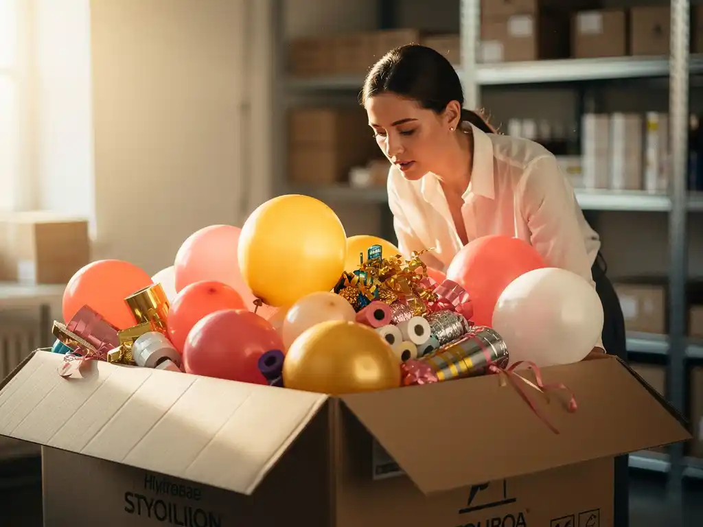 Event planner inspecting a wholesale box of colorful latex balloons, ribbon rolls, and party decorations on a warehouse shelf.