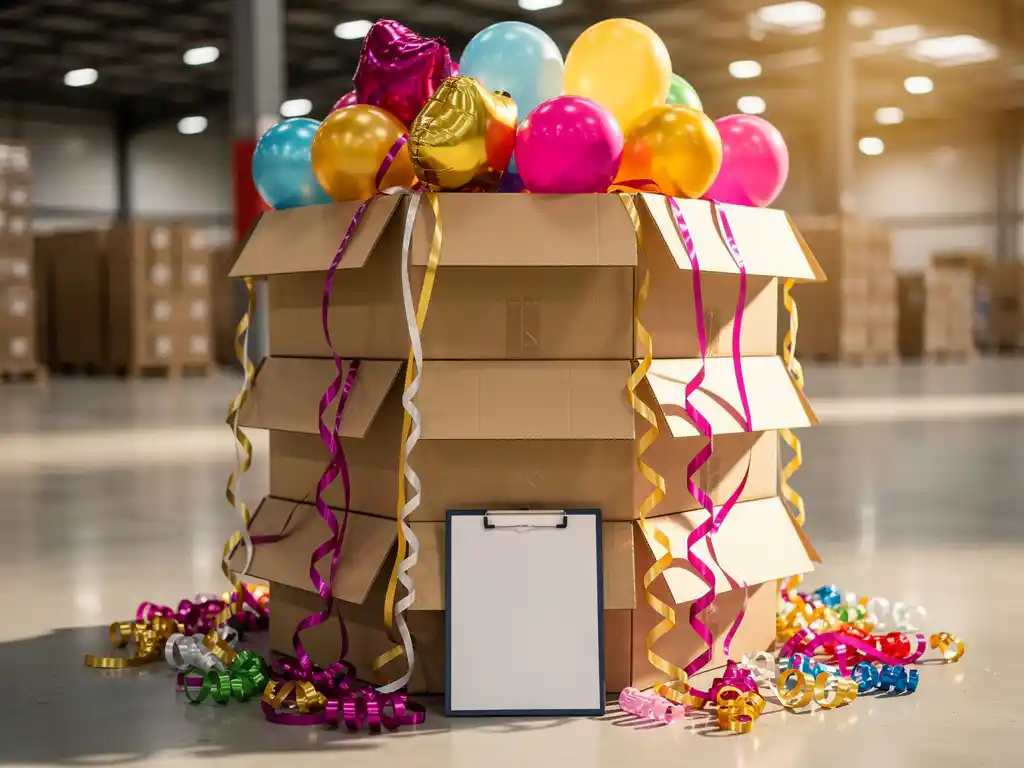 Une pile imposante de cartons de fournitures de fête en gros, débordant de ballons en latex magenta, Or et blancs ainsi que Ballons alu des bobines de ruban, sur le sol d'un entrepôt.