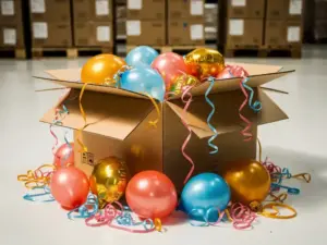 Una caja de cartón al por mayor repleta de globos de látex y de aluminio, cintas y serpentinas en tonos dorado, rosa coral y azul cielo, en el suelo de un almacén.
