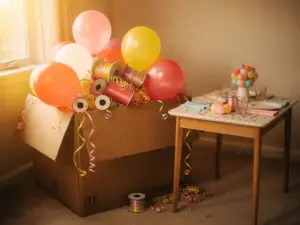Una caja de cartón al por mayor rebosante de globos de látex, bobinas de cinta y serpentinas junto a una mesa de cumpleaños acogedora, bañada por una cálida luz dorada.