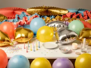 Wholesale party supply table with latex balloons, foil balloons, paper garlands, and cake candles in gold, coral pink, and sky blue.