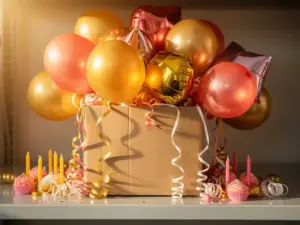 Wholesale cardboard box overflowing with custom party supplies including coral pink latex balloons, gold foil balloons, streamers, and cake candles on a warehouse shelf.