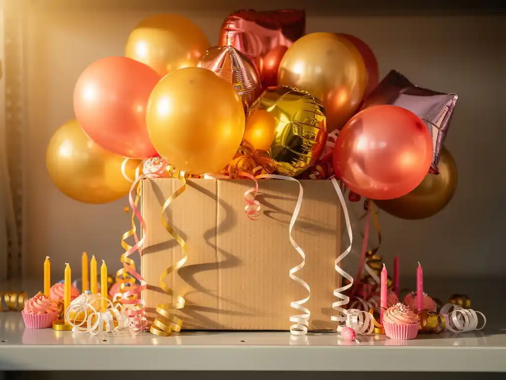 Wholesale cardboard box overflowing with custom party supplies including coral pink latex balloons, gold foil balloons, streamers, and cake candles on a warehouse shelf.