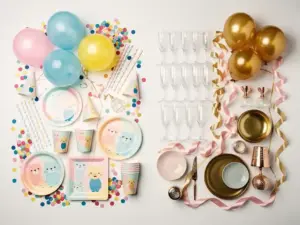Una composición de productos para fiestas a granel, en la que se alternan coloridos globos infantiles y confeti con elegantes copas de champán y globos dorados sobre una superficie blanca.