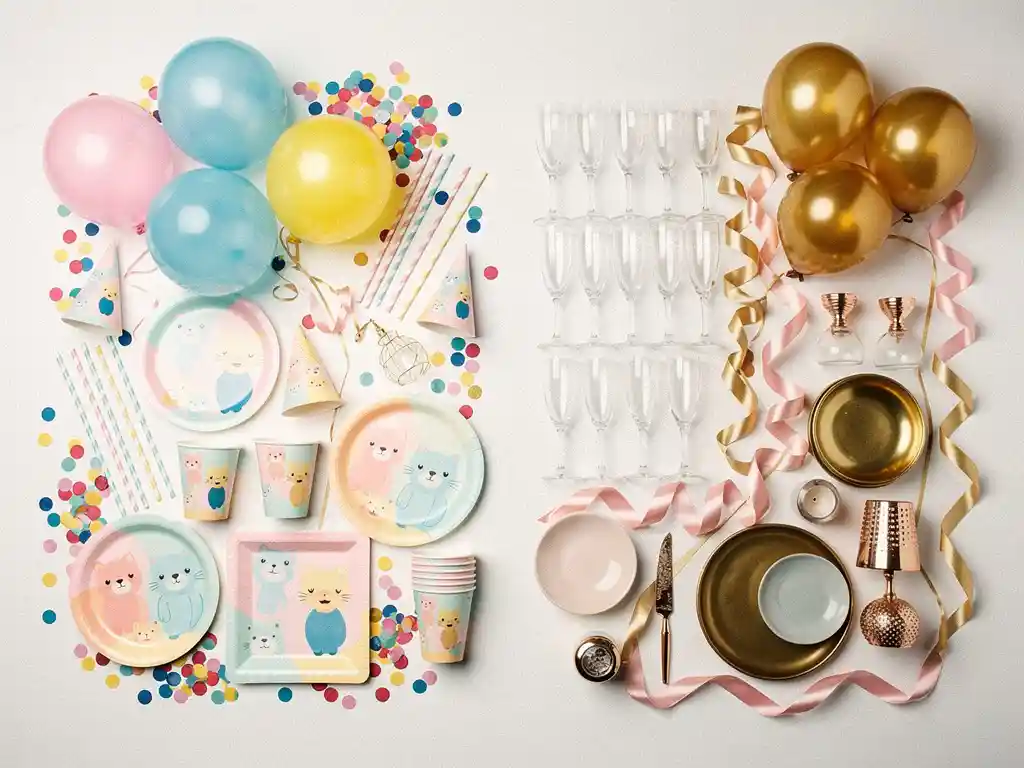 Flat-lay wholesale party supplies split between colorful kids' balloons and confetti and elegant champagne flutes with gold foil balloons on white surface.
