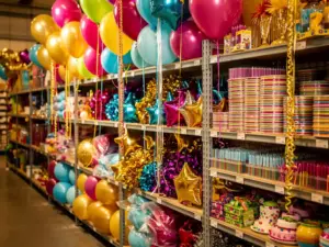Wholesale warehouse shelves overflowing with colorful latex and foil balloons, paper streamers, cake candles, and party decorations in gold, magenta, and blue.