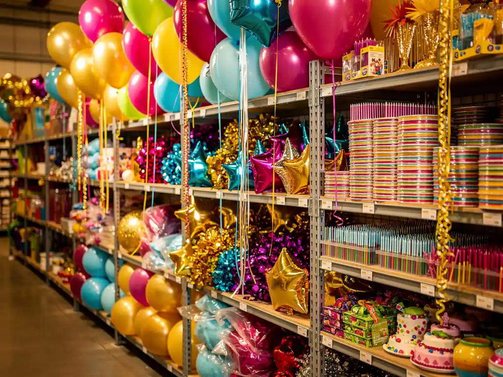 Wholesale warehouse shelves overflowing with colorful latex and foil balloons, paper streamers, cake candles, and party decorations in gold, magenta, and blue.