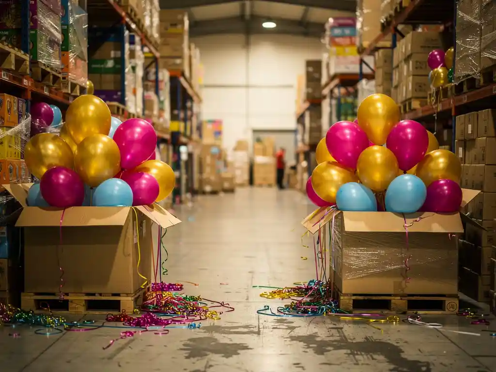 Ein Großhandelslager, gefüllt mit Partyzubehör in Großmengen, bunten Latex- und Folienballons, Luftschlangen und Bändern, die unter der industriellen Beleuchtung aus offenen Kartons quellen.