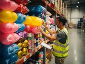 Un empleado de almacén ordena artículos para fiestas al por mayor, entre ellos paquetes de globos de látex en colores rosa, amarillo y azul, en unas estanterías metálicas altas.