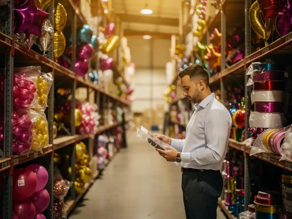Wholesale warehouse shelves stocked with metallic foil balloons, latex bundles, and party supplies while a buyer examines product packaging.