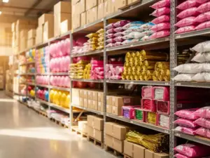 Wholesale party supplies warehouse shelving stacked with balloon bags, metallic streamers, and boxed decorations in pink, gold, and white.