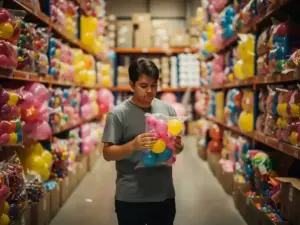 Shopper examining a bag of latex balloons in a wholesale warehouse aisle stocked floor-to-ceiling with colorful party supplies.
