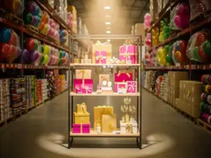 Boutique party supply shelf with branded magenta, gold, and white products in a wholesale warehouse stocked with bulk balloons and ribbon rolls.