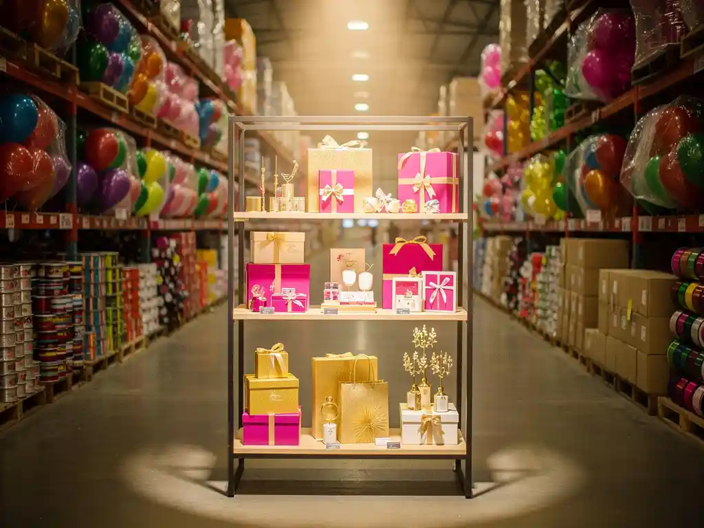 Een schap met exclusieve feestartikelen in de kleuren magenta, goud en wit in een groothandelsmagazijn vol met ballonnen in bulk en rollen lint.
